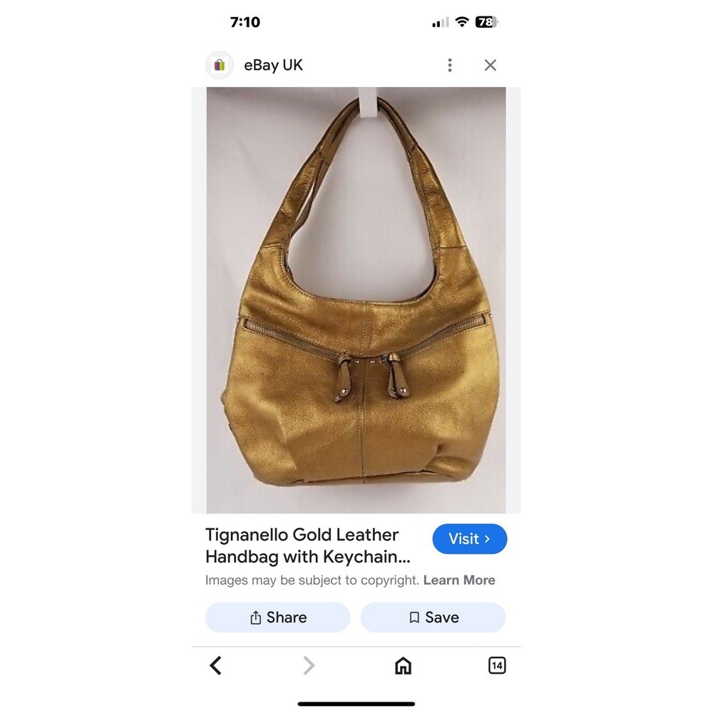 Tignanello Metallic‎ Gold Pebble Leather Double Handle Hobo Shoulder Bag
